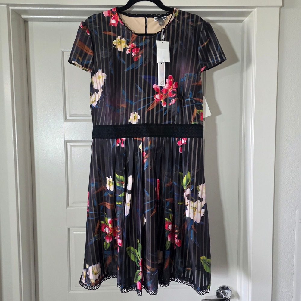 Chelsea 28 Dahlia Multi Floral Striped Pleated Dress XL NWT HL381559MI